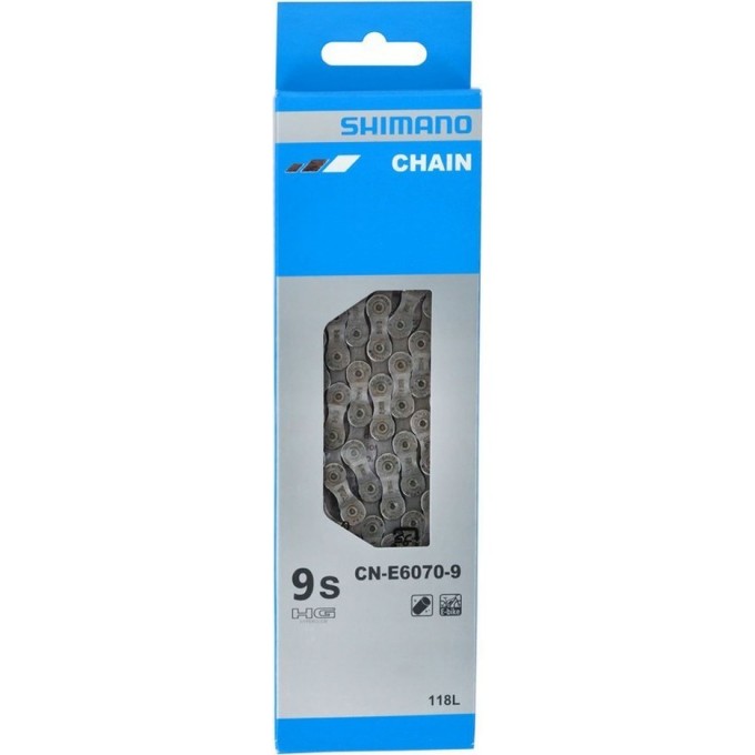 Цепь SHIMANO E6070, для 9 скоростей сзади/1 скорость, спереди, 118 звеньев, для электровелосипедов, с ампульным пином (1шт.) ICNE60709118I